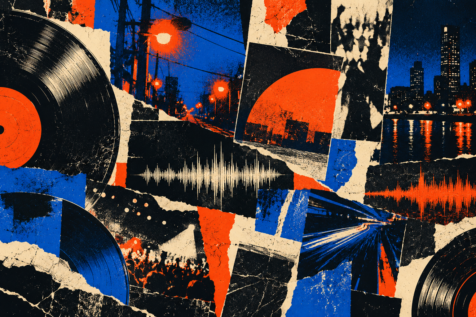 Abstract collage of record sleeves and gig-poster textures